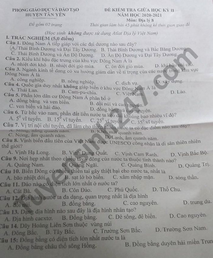 De thi giua hoc ki 2 mon Dia lop 8 huyen Tan Yen nam 2021