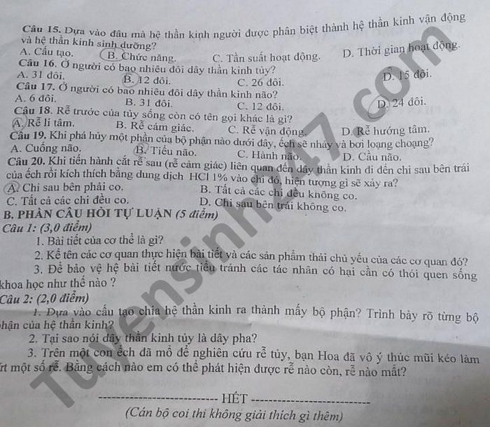 De thi giua hoc ki 2 huyen Tan Yen nam 2021 mon Sinh lop 8