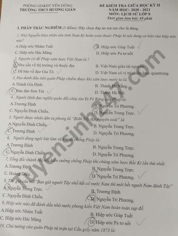 De thi giua ki 2 THCS Huong Gian nam 2021 mon Su lop 8