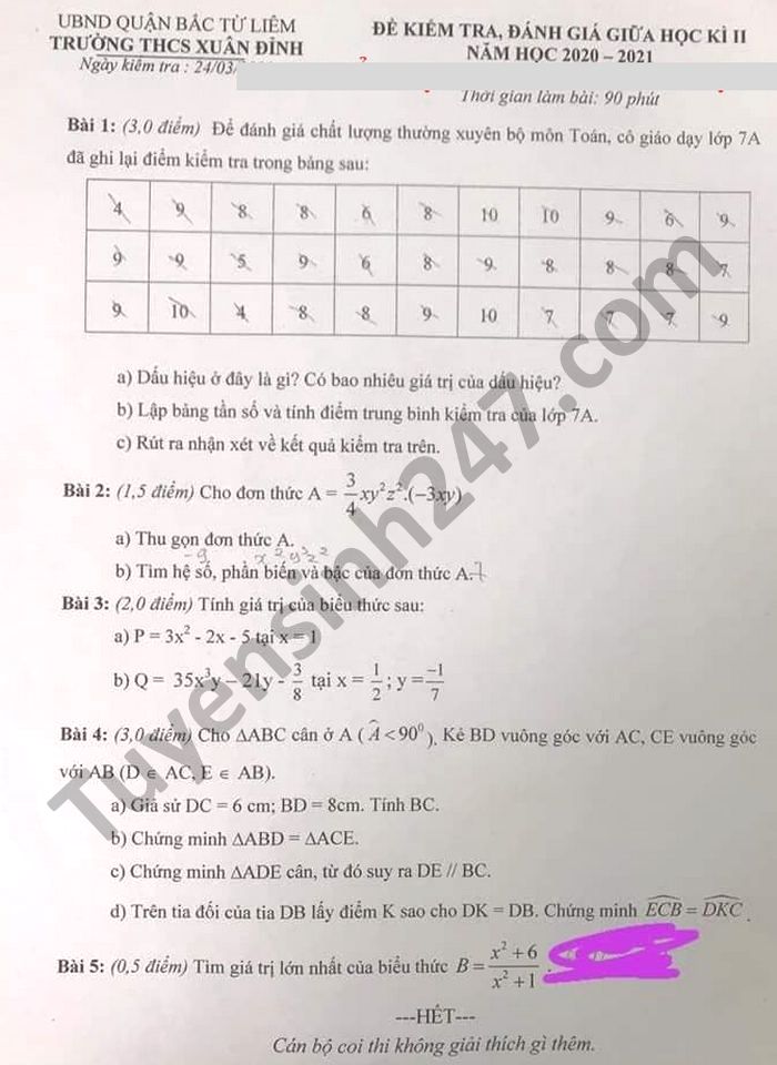 De thi giua ki 2 lop 7 THCS Xuan Dinh nam 2021 mon Toan