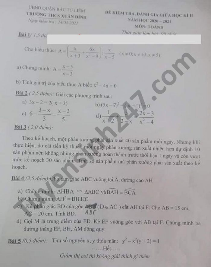 De thi giua ki 2 THCS Xuan Dinh mon Toan lop 8 nam 2021