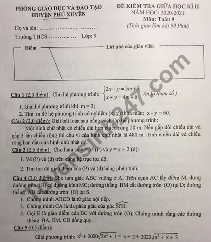 De thi giua ki 2 mon Toan lop 9 - Huyen Phu Xuyen 2021