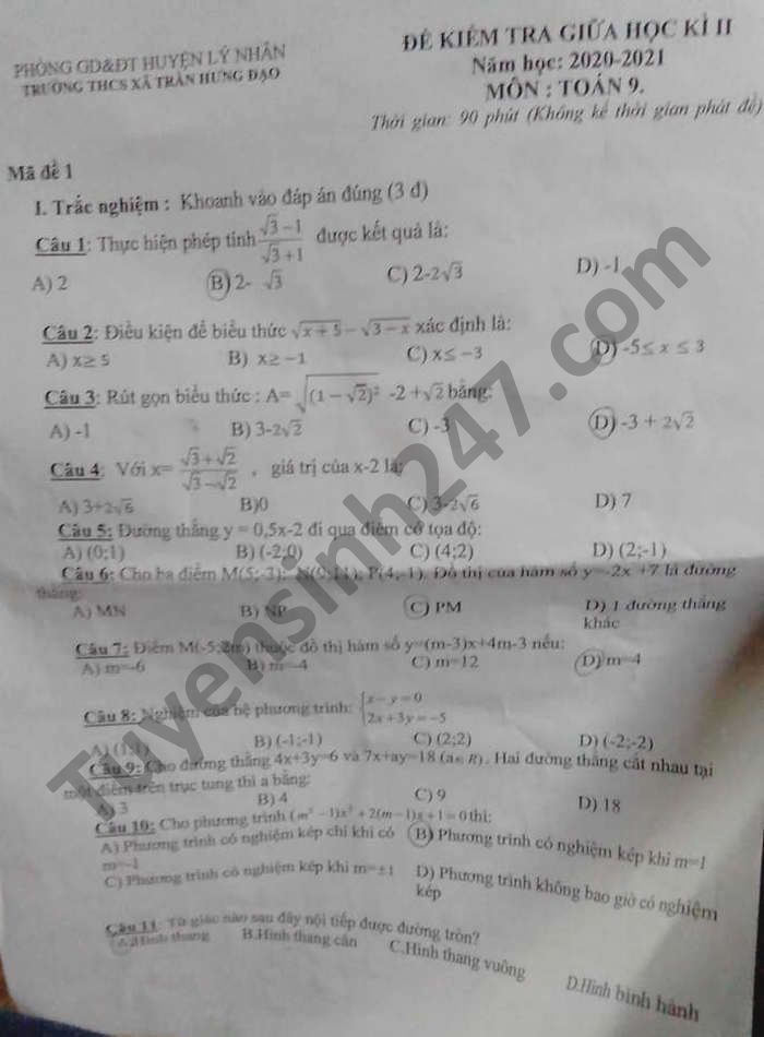 De thi giua ki 2 THCS Xa Tran Hung Dao Toan lop 9 nam 2021