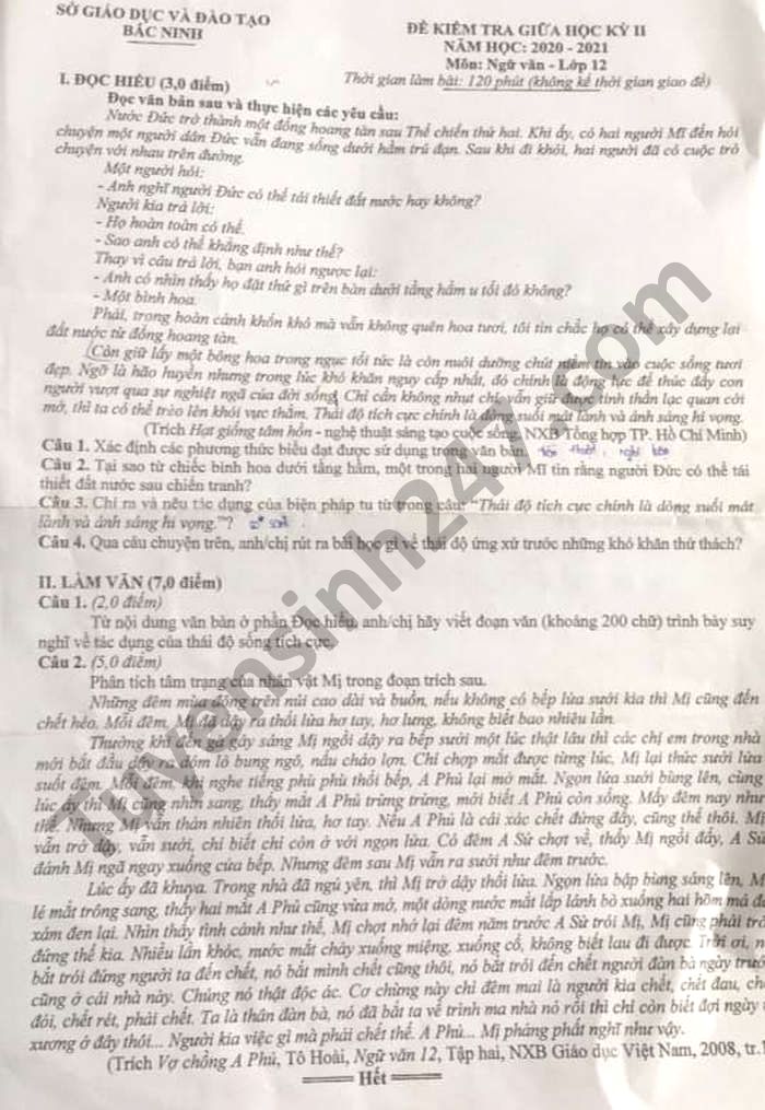 De thi giua ki 2 mon Van lop 12 tinh Bac Ninh nam 2021