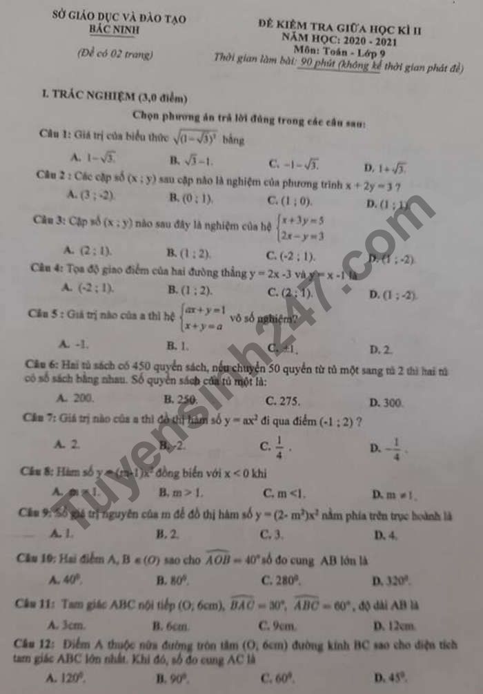 De thi giua ki 2 nam 2021 So GD Bac Ninh lop 9 mon Toan