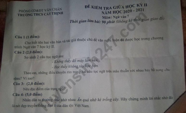 De thi giua ki 2 mon Van nam 2021 lop 7 - THCS Cat Thinh