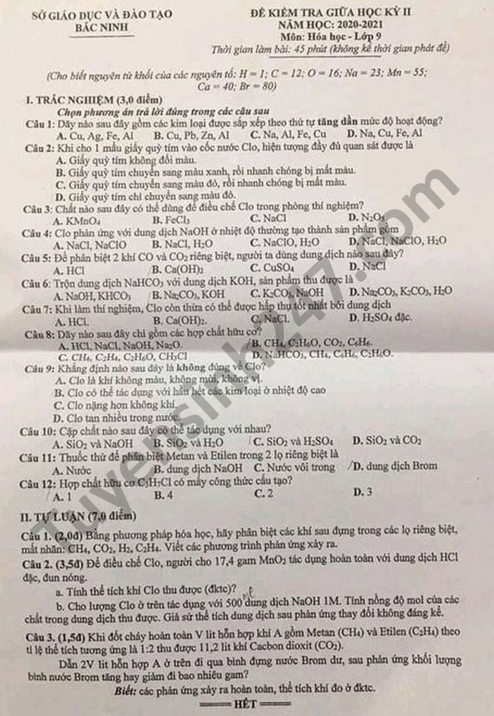 De thi giua ki 2 lop 9 mon Hoa tinh Bac Ninh nam 2021