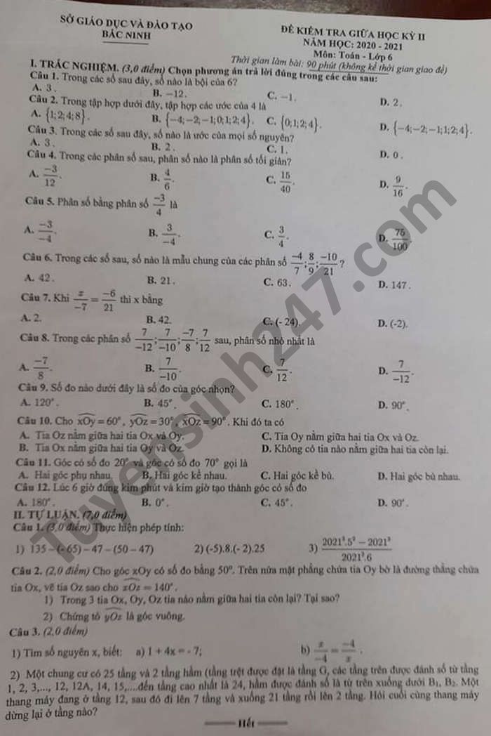 De thi giua ki 2 nam 2021 mon Toan lop 6 cua tinh Bac Ninh