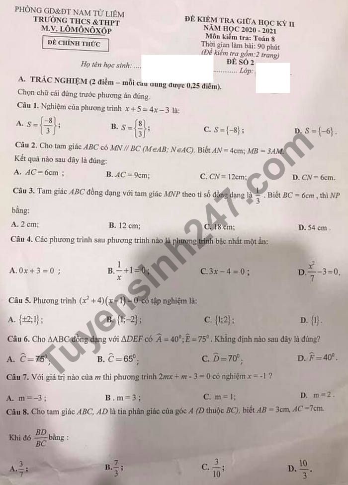 De thi giua ki 2 Toan lop 8 THCS&THPT M.V.Lomonoxop nam 2021