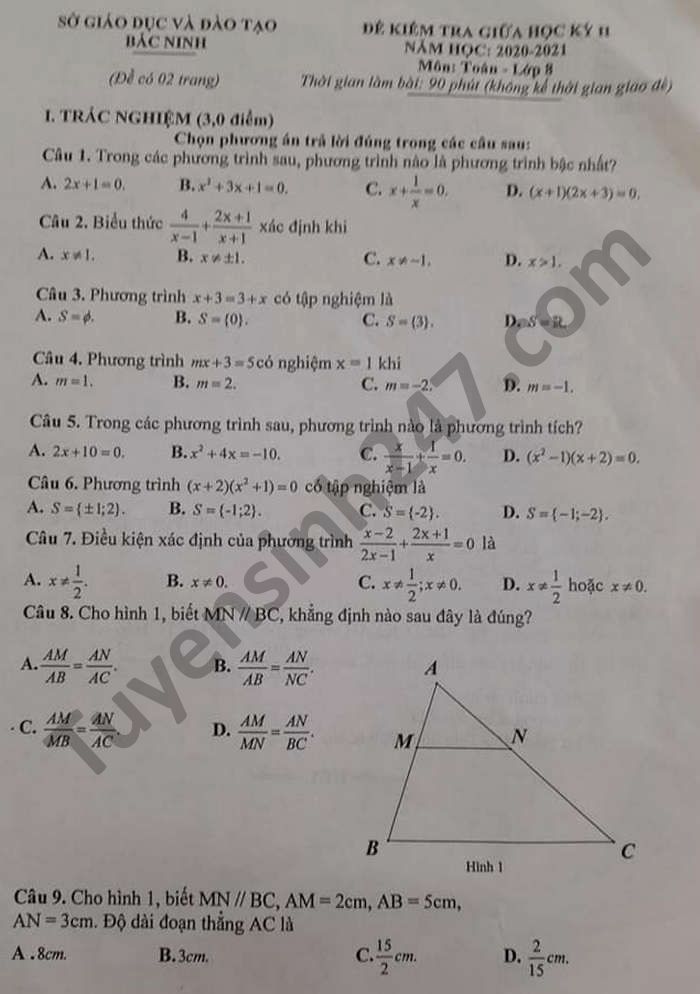 De thi giua ki 2 mon Toan lop 8 nam 2021 cua tinh Bac Ninh