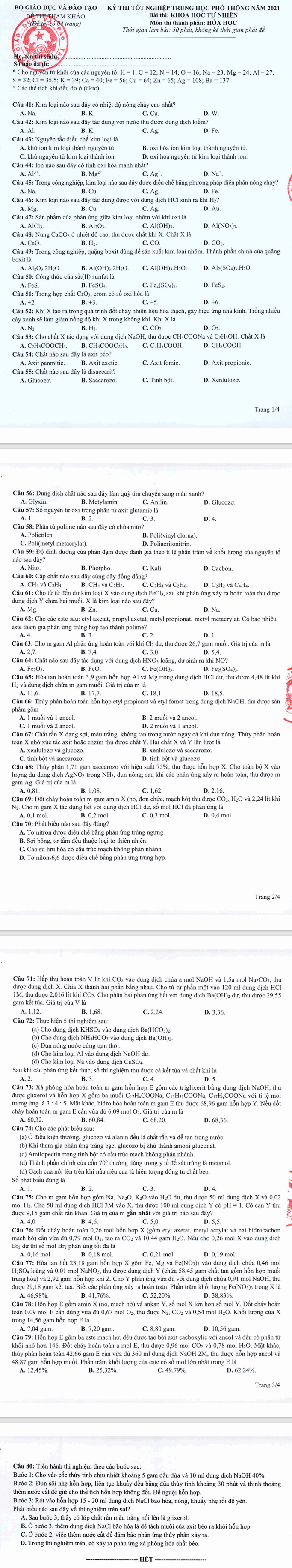 Huong dan giai de minh hoa tot nghiep THPT 2021 mon Hoa