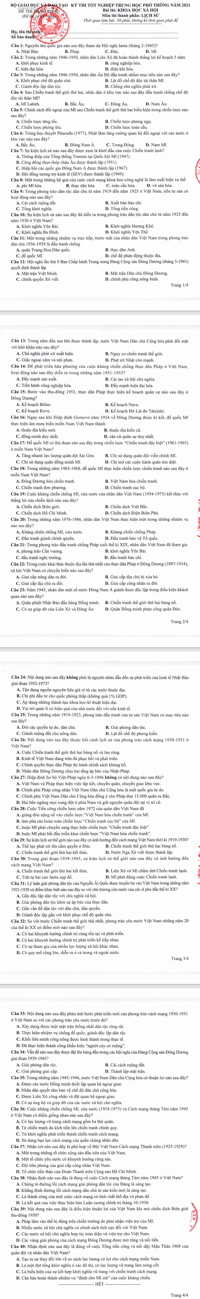 Huong dan giai de thi minh hoa tot nghiep THPT mon Su 2021