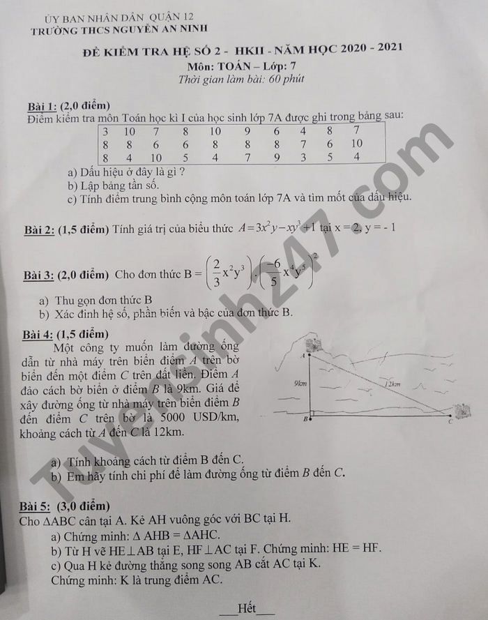 De kiem tra giua ki 2 Toan lop 7 nam 2021 THCS Nguyen An Ninh