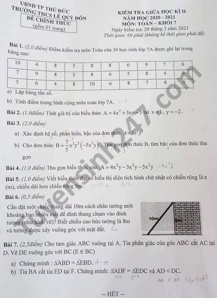 De kiem tra giua ki 2 THCS Le Quy Don mon Toan lop 7 nam 2021