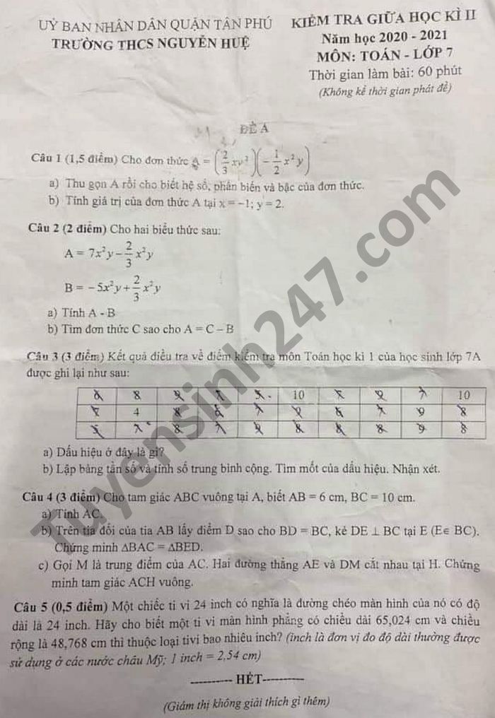 De thi giua hoc ki 2 lop 7 THCS Nguyen Hue mon Toan nam 2021