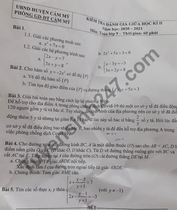 De thi giua ki 2 Toan 9 nam 2021 - Phong GD Cam My