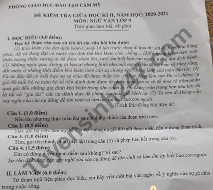 De thi giua hoc ki 2 lop 9 mon Van - Phong GD Cam My 2021