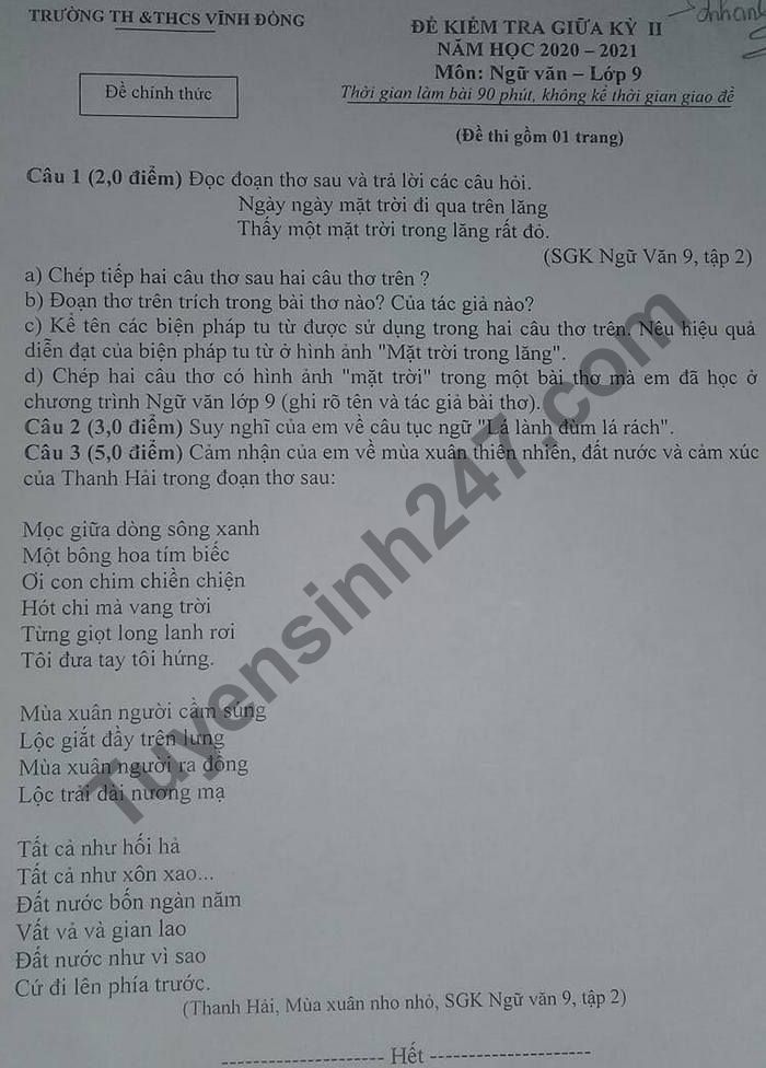 De thi giua ki 2 mon Van lop 9 TH&THCS Vinh Dong 2021