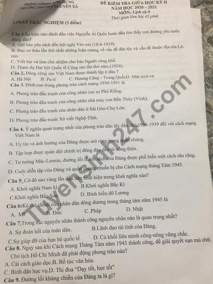 De thi giua ki 2 nam 2021 mon Su lop 9 TH-THCS Nguyen Xa