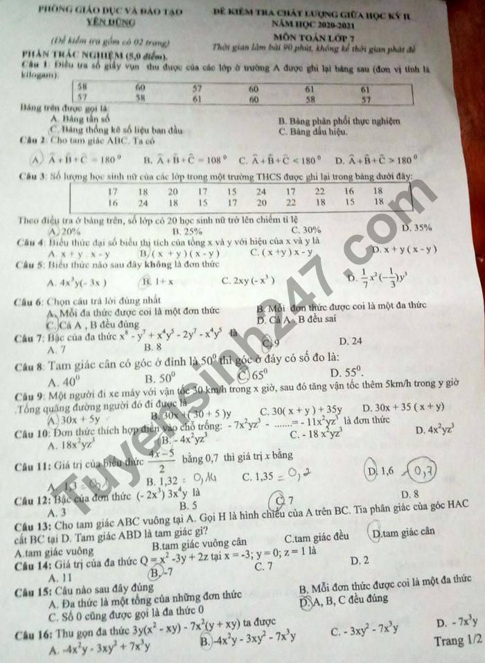 De thi giua ki 2 lop 7 mon Toan - Phong GD Yen Dung 2021