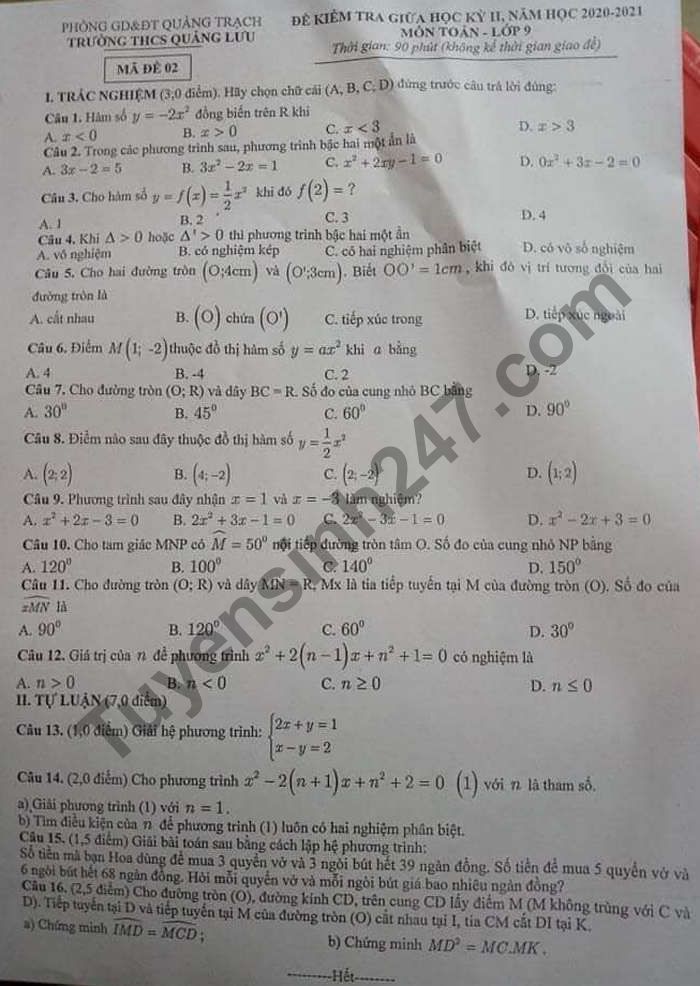 De thi giua ki 2 THCS Quang Luu nam 2021 lop 9 mon Toan