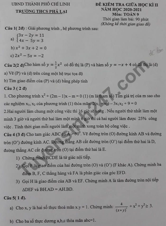 De thi giua ki 2 THCS Pha Lai mon Toan lop 9 nam 2021