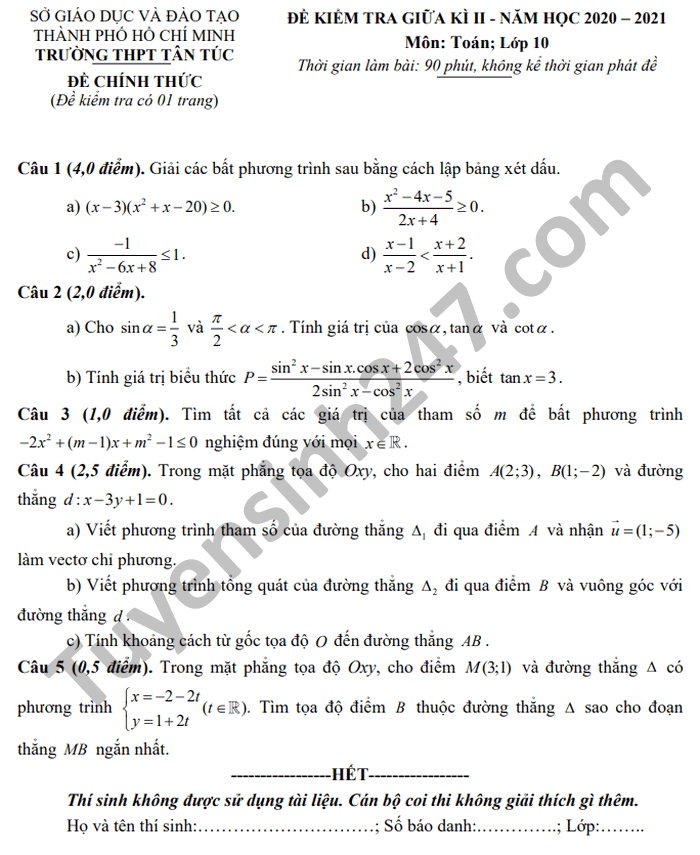 De thi giua ki 2 THPT Tan Tuc mon Toan lop 10 nam 2021