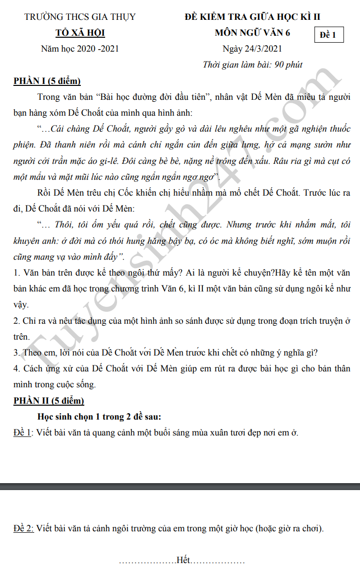 De thi giua ki 2 lop 6 mon Van 2021 - THCS Gia Thuy