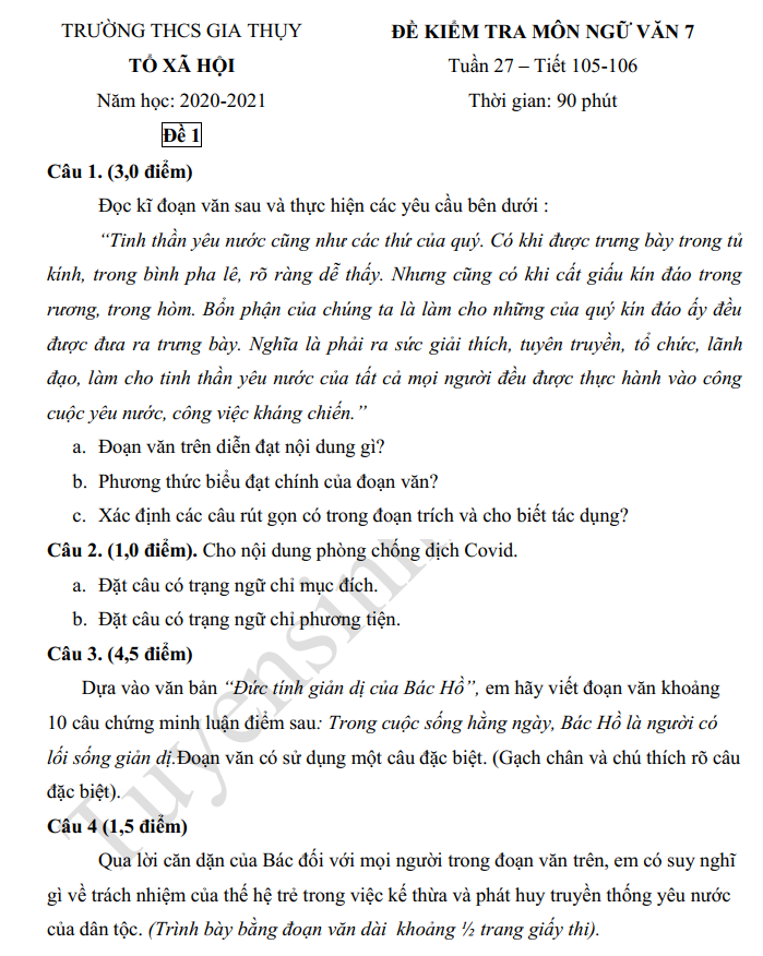 De thi giua ki 2 mon Van 2021 lop 7 - THCS Gia Thuy