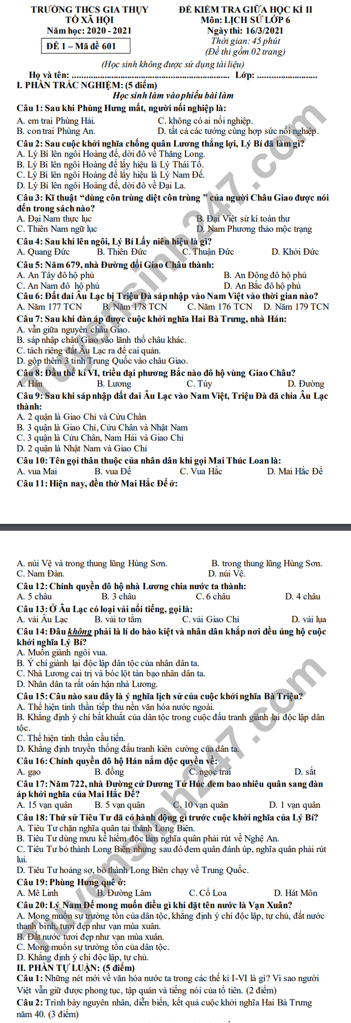 De thi giua hoc ki 2 mon Su lop 6 THCS Gia Thuy nam 2021