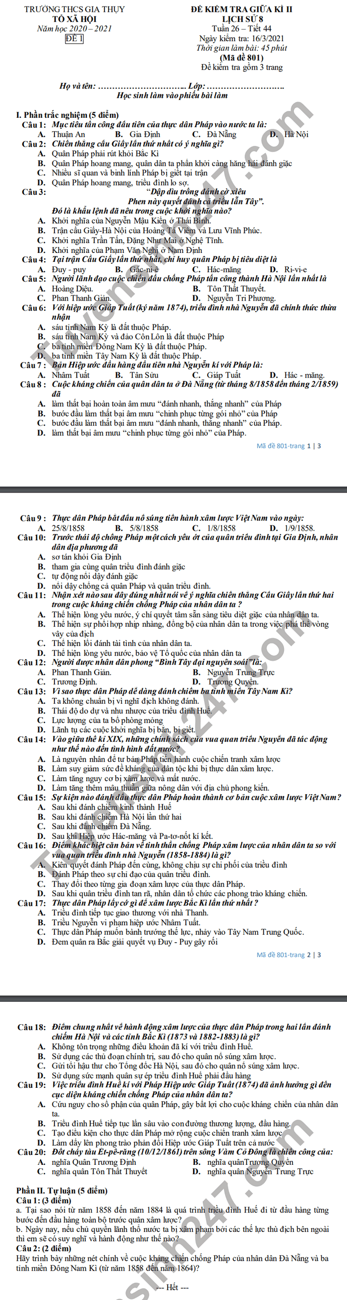 De thi giua hoc ki 2 mon Su lop 8 THCS Gia Thuy nam 2021