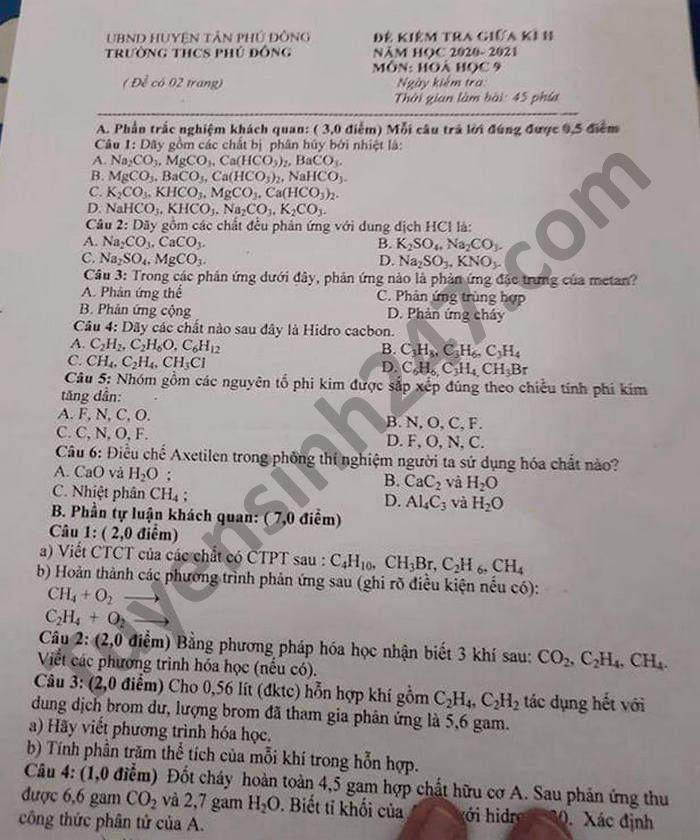 De thi giua ki 2 mon Hoa lop 9 THCS Phu Dong nam 2021