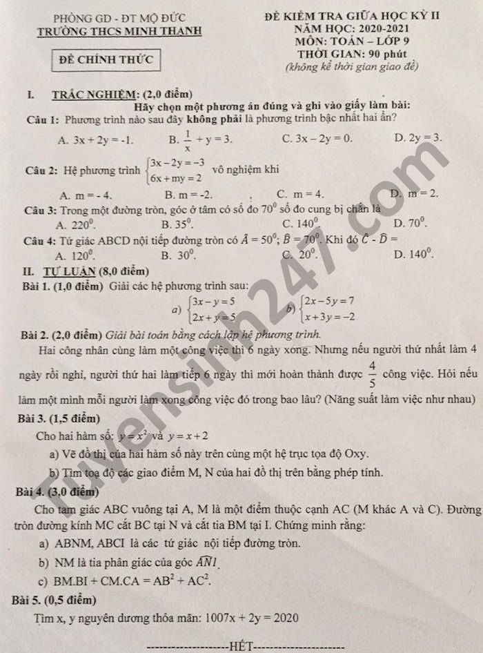De thi giua ki 2 THCS Minh Thanh mon Toan lop 9 nam 2021