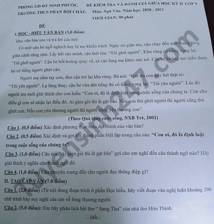 De thi giua ki 2 mon Van lop 9 THCS Phan Boi Chau nam 2021