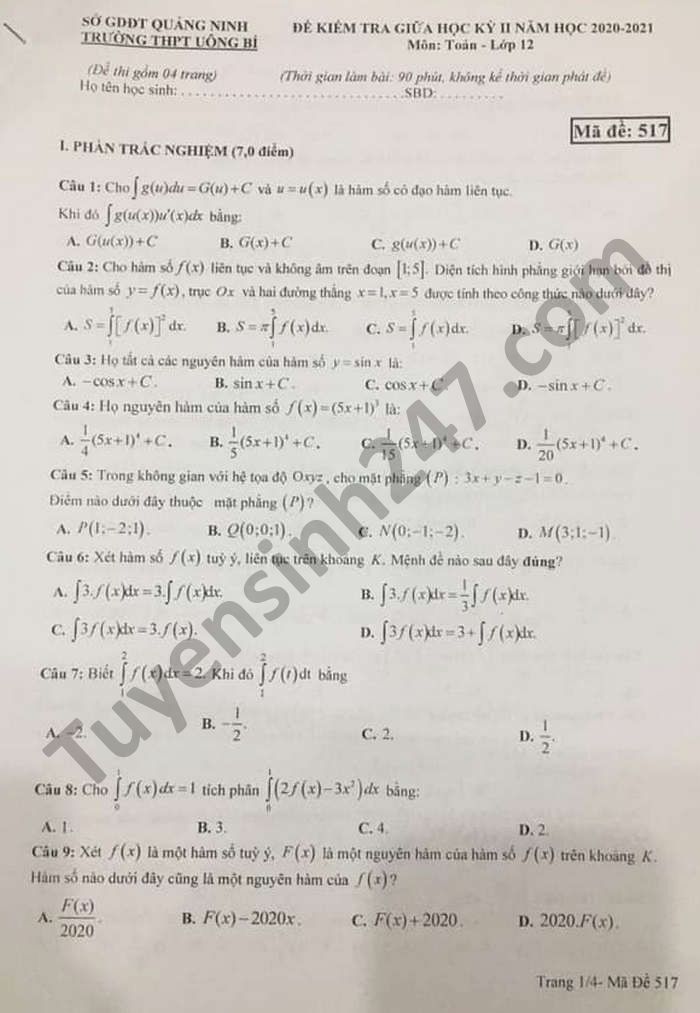 De thi giua ki 2 mon Toan lop 12 THPT Uong Bi nam 2021