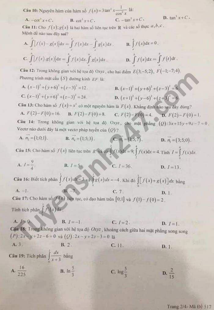 De thi giua ki 2 mon Toan lop 12 THPT Uong Bi nam 2021