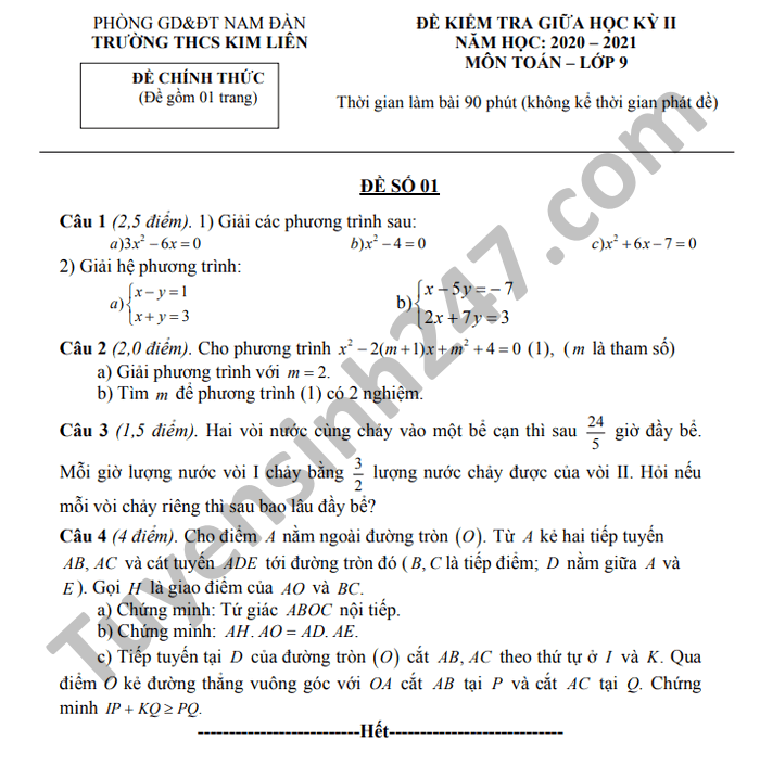De thi giua ki 2 mon Toan lop 9 THCS Kim Lien nam 2021