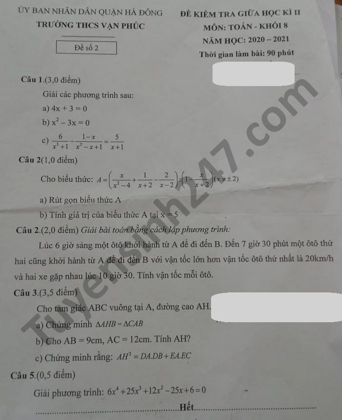De kiem tra giua ki 2 lop 8 mon Toan THCS Van Phuc nam 2021