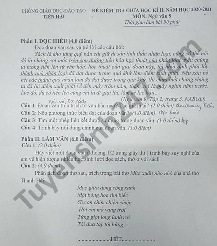 De thi giua ki 2 phong GD Tien Hai mon Van lop 9 nam 2021