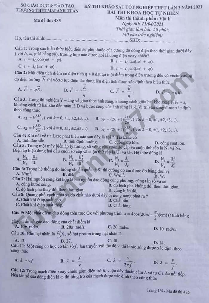 De thi thu tot nghiep THPT 2021 lan 2 mon Ly THPT Mai Anh Tuan