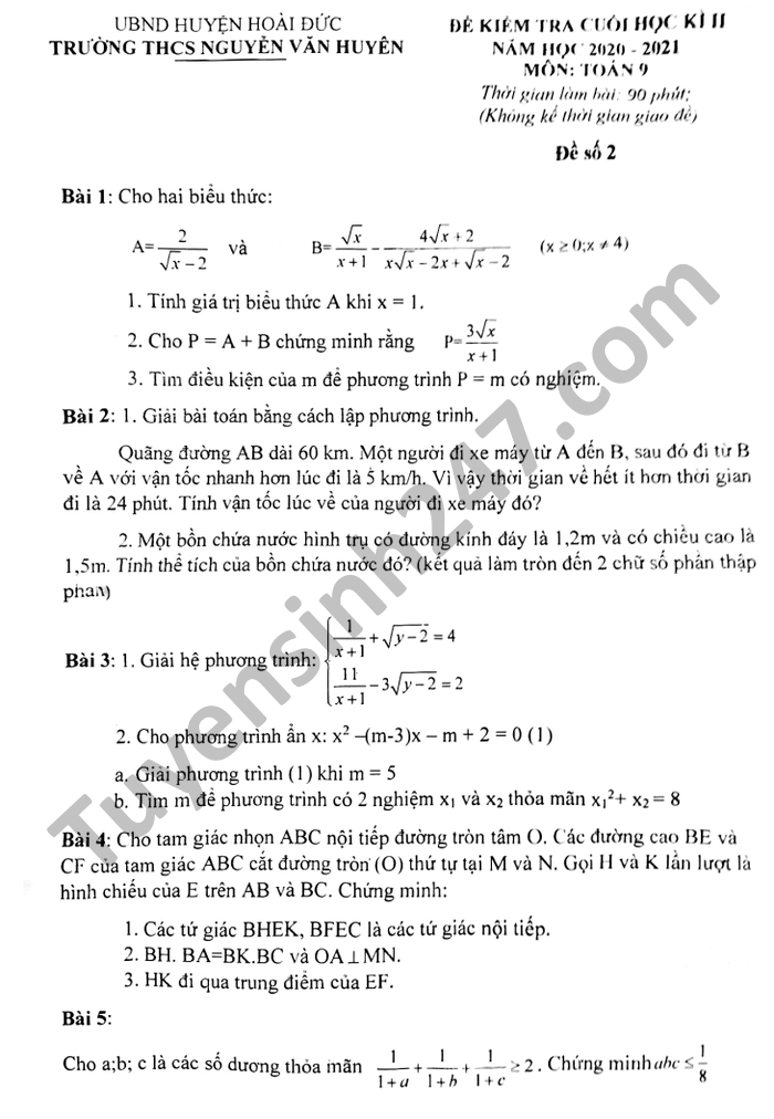 De thi cuoi ki 2 nam 2021 lop 9 mon Toan THCS Nguyen Van Huyen