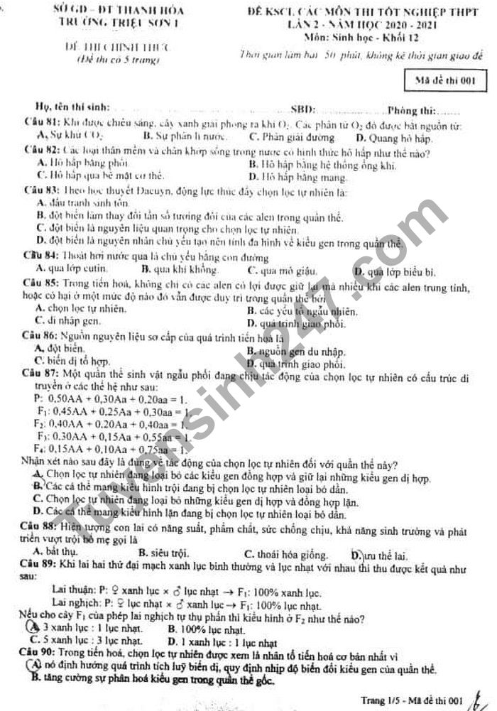 De KS thi tot nghiep THPT 2021 mon Sinh - Truong Trieu Son lan 2 (Co dap an)