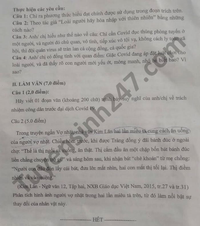 De thi hoc ki 2 nam 2021 THPT Tran Quoc Toan mon Van lop 12