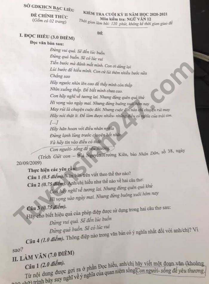 De thi hoc ki 2 nam 2021 tinh Bac Lieu mon Van lop 12