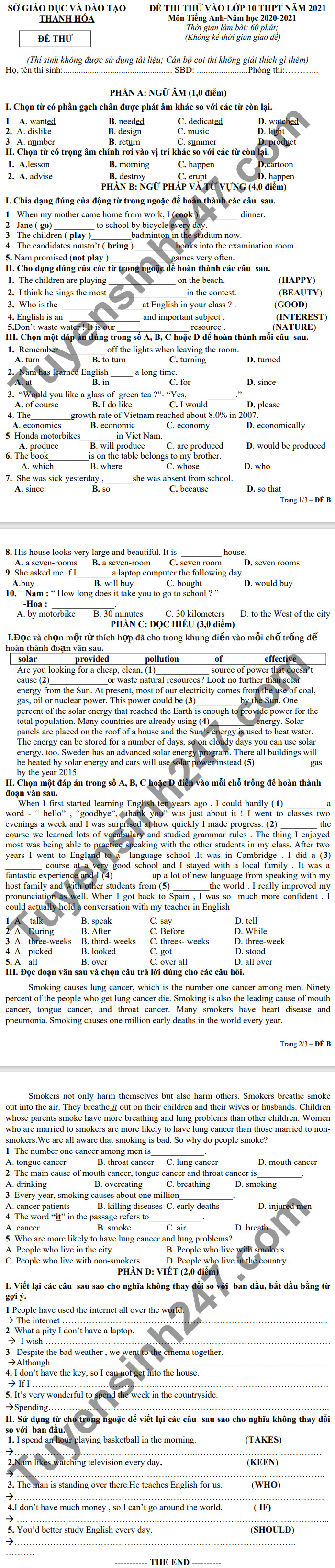 De thi thu vao lop 10 nam 2021 mon Anh - tinh Thanh Hoa (De thu)