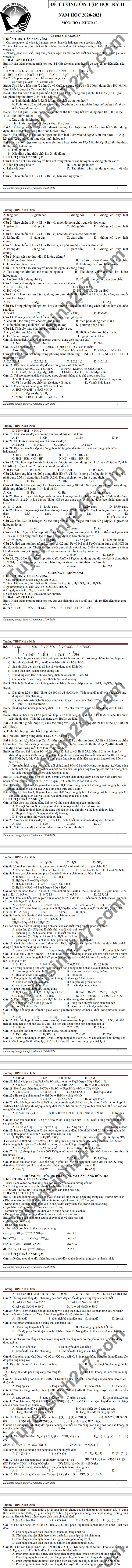 De cuong on tap hoc ki 2 Hoa lop 10 - THPT Xuan Dinh 2021