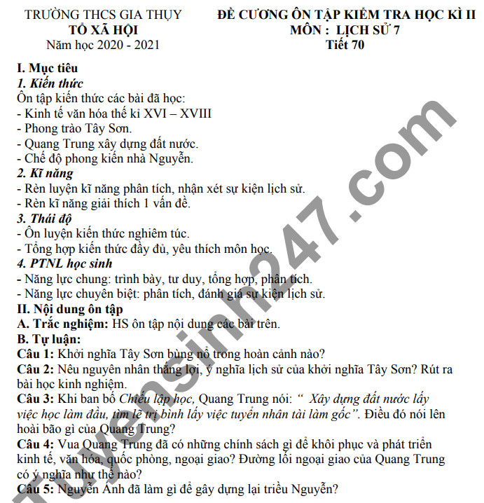 De cuong on tap ki 2 lop 7 mon Su - THCS Gia Thuy 2021