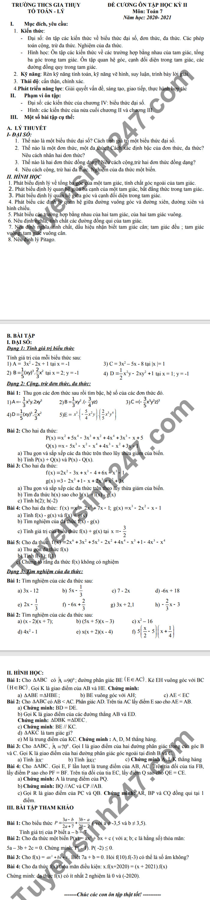 De cuong on tap hoc ki 2 Toan lop 7 - THCS Gia Thuy 2021