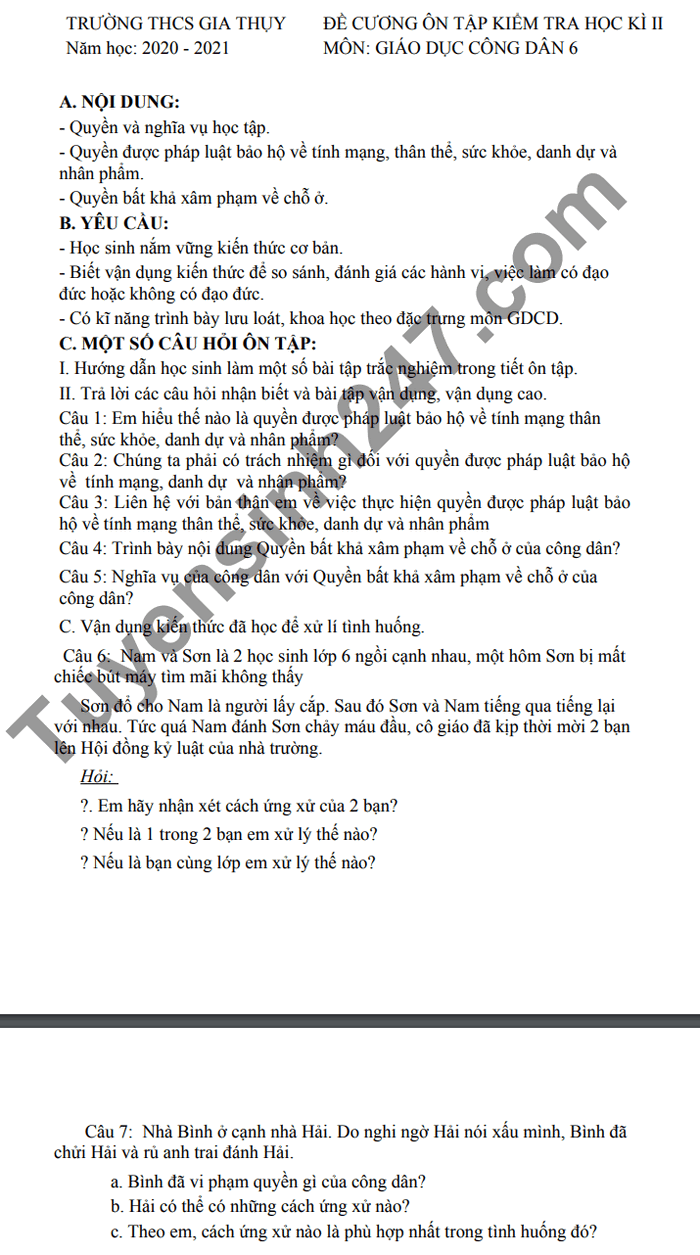 De cuong on tap hoc ki 2 THCS Gia Thuy 2021 mon GDCD lop 6