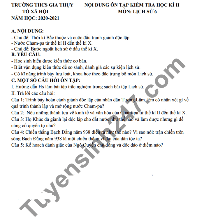 De cuong hoc ki 2 nam 2021 THCS Gia Thuy mon Su lop 6
